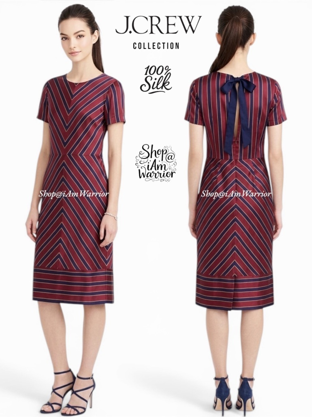 J.Crew Collection NWT silk crimson & navy chevron grosgrain tie back midi dress